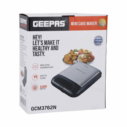 Geepas 1400W 12-Piece Mini Cake Maker GCM3762N – Compact Electric Pie & Cupcake Maker with Non-Stick Plates, Power & Ready Indicators, Cool Touch Handle & Non-Slip Feet – Fast & Easy Baking Machine - Damoo