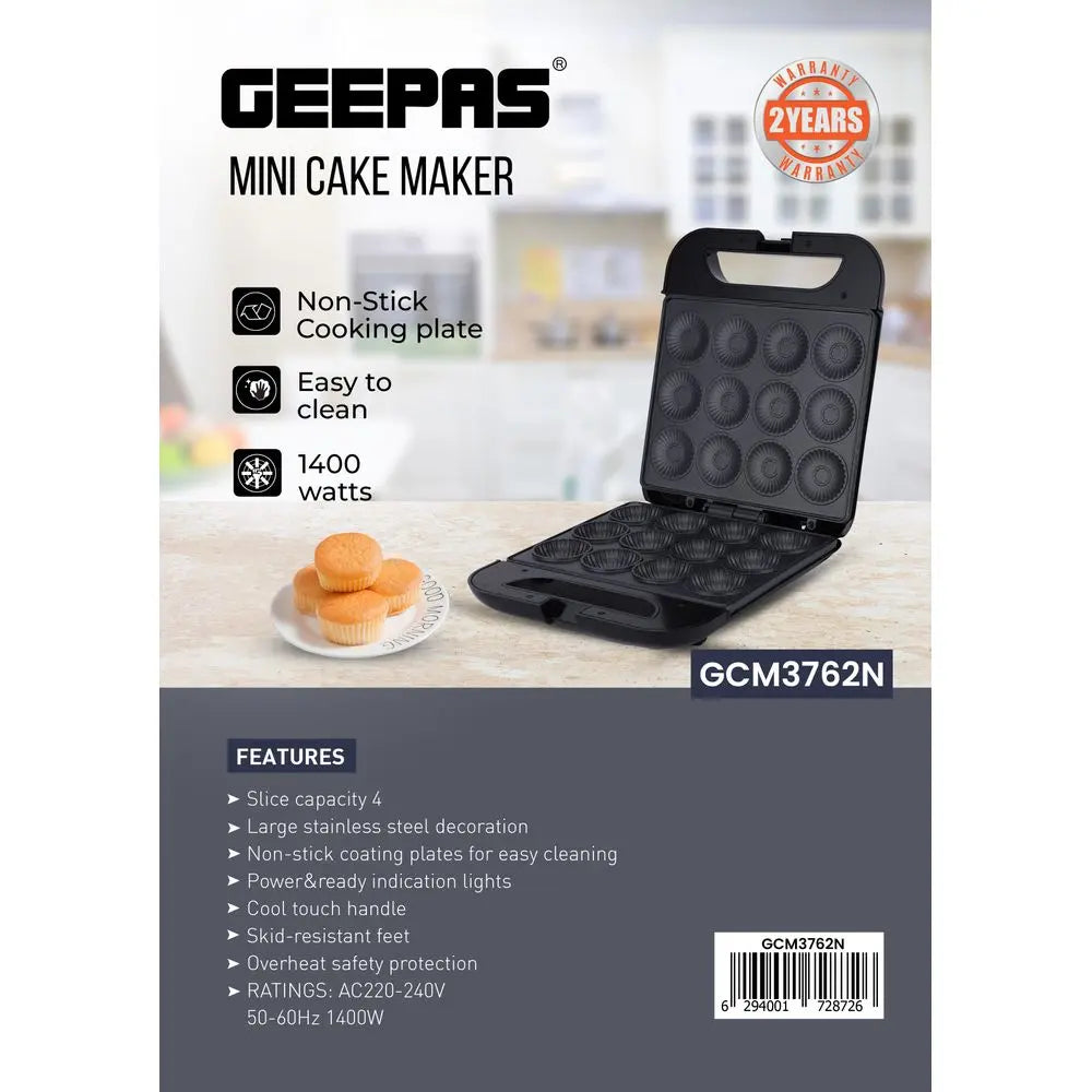 Geepas 1400W 12-Piece Mini Cake Maker GCM3762N – Compact Electric Pie & Cupcake Maker with Non-Stick Plates, Power & Ready Indicators, Cool Touch Handle & Non-Slip Feet – Fast & Easy Baking Machine - Damoo