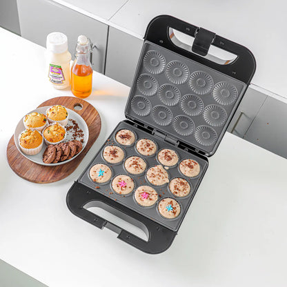 Geepas 1400W 12-Piece Mini Cake Maker GCM3762N – Compact Electric Pie & Cupcake Maker with Non-Stick Plates, Power & Ready Indicators, Cool Touch Handle & Non-Slip Feet – Fast & Easy Baking Machine - Damoo