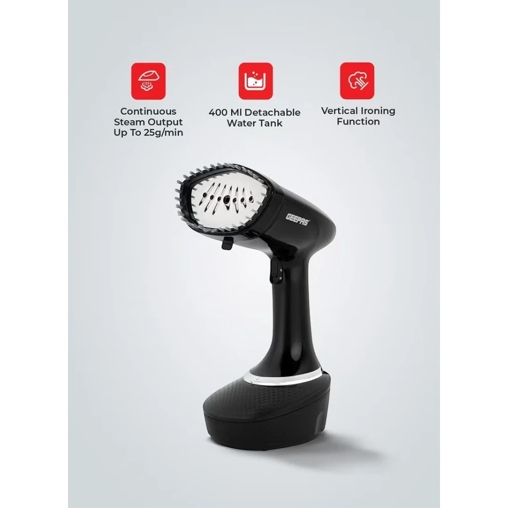 Geepas 1500W Handheld Garment Steamer  | Vertical Steaming, 400ml Water Tank  | Stainless Steel Panel  | Safe for All Fabrics  | Anti-Lint Brush & 360° Swivel Cord – GGS25041 (Black) - Damoo