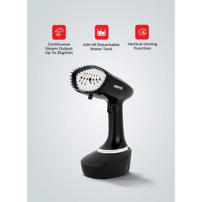 Geepas 1500W Handheld Garment Steamer  | Vertical Steaming, 400ml Water Tank  | Stainless Steel Panel  | Safe for All Fabrics  | Anti-Lint Brush & 360° Swivel Cord – GGS25041 (Black) - Damoo