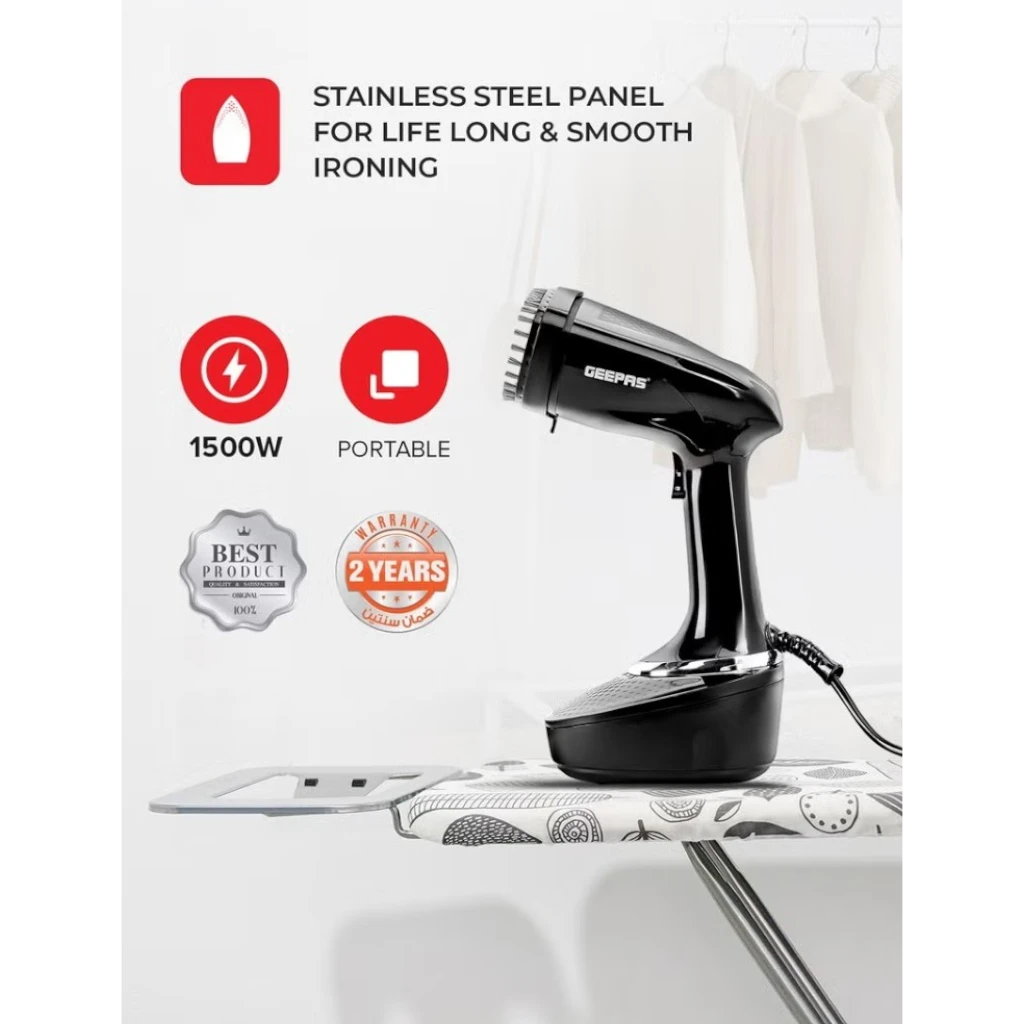 Geepas 1500W Handheld Garment Steamer  | Vertical Steaming, 400ml Water Tank  | Stainless Steel Panel  | Safe for All Fabrics  | Anti-Lint Brush & 360° Swivel Cord – GGS25041 (Black) - Damoo