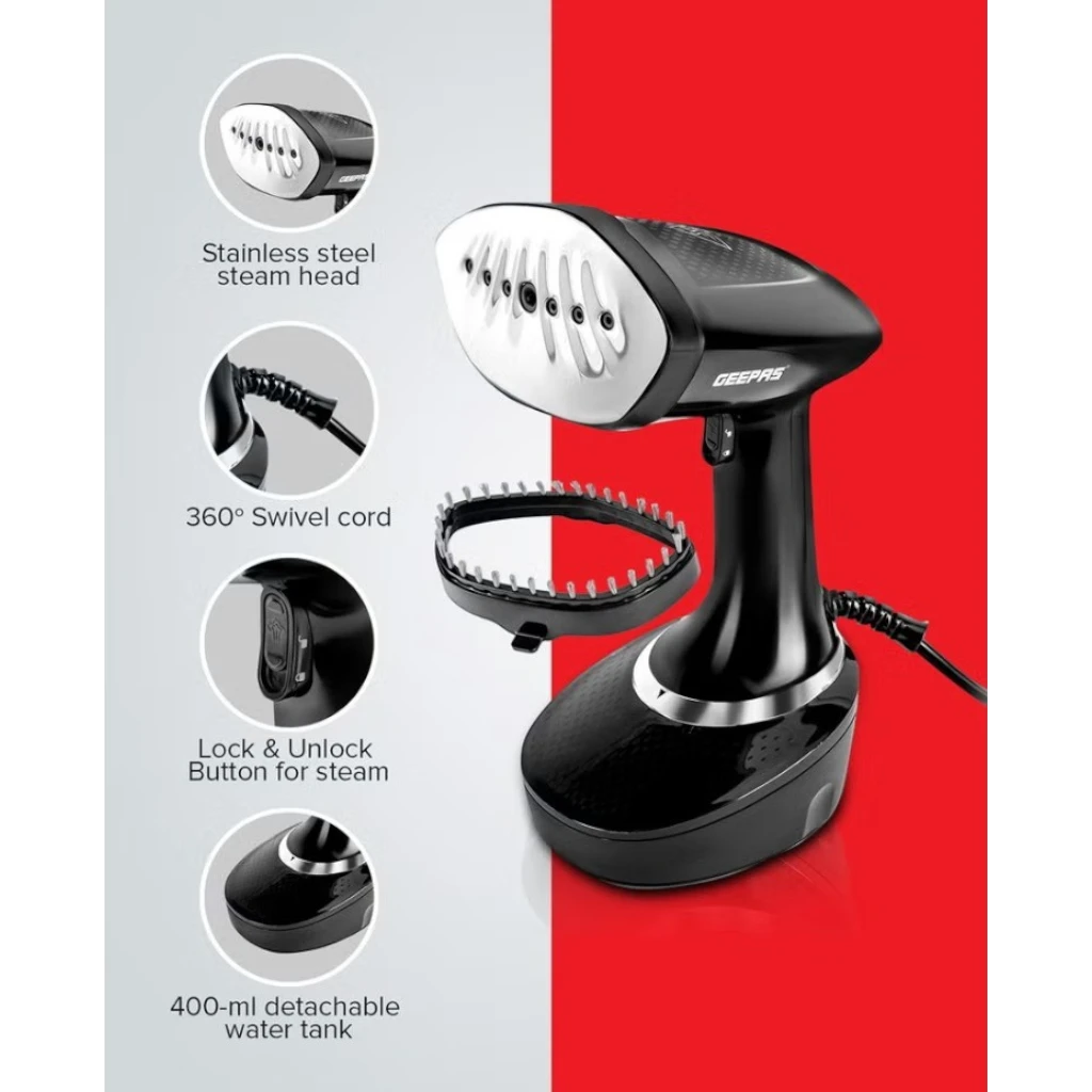 Geepas 1500W Handheld Garment Steamer  | Vertical Steaming, 400ml Water Tank  | Stainless Steel Panel  | Safe for All Fabrics  | Anti-Lint Brush & 360° Swivel Cord – GGS25041 (Black) - Damoo