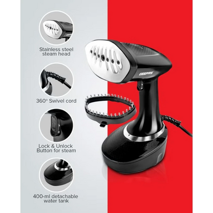 Geepas 1500W Handheld Garment Steamer  | Vertical Steaming, 400ml Water Tank  | Stainless Steel Panel  | Safe for All Fabrics  | Anti-Lint Brush & 360° Swivel Cord – GGS25041 (Black) - Damoo