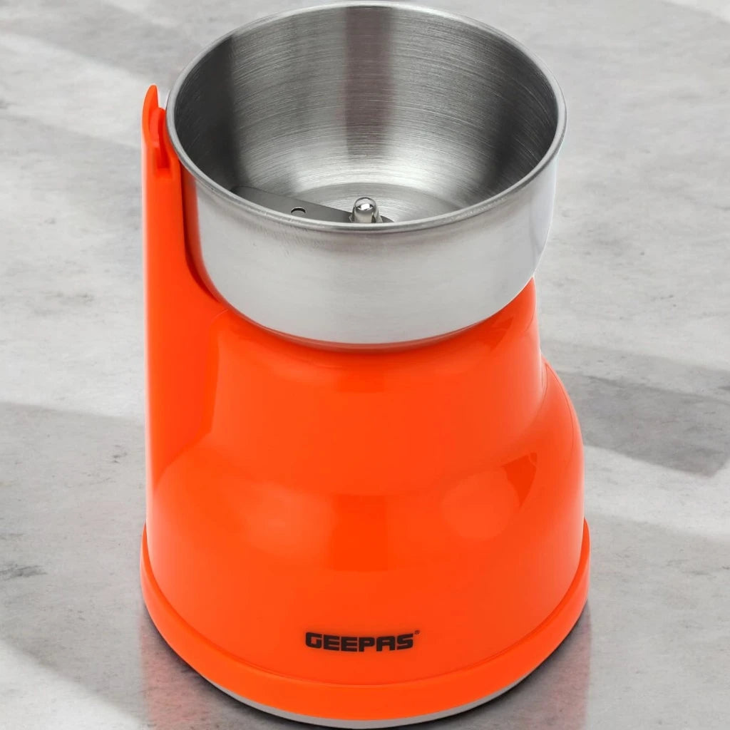 Geepas 150W Electric Coffee Grinder – Stainless Steel Blade & Removable Steel Cup, Overheat Protection, Multipurpose Grinder for Coffee Beans, Nuts, Spices & Dried Fruits – Orange - GCG41018 - Damoo
