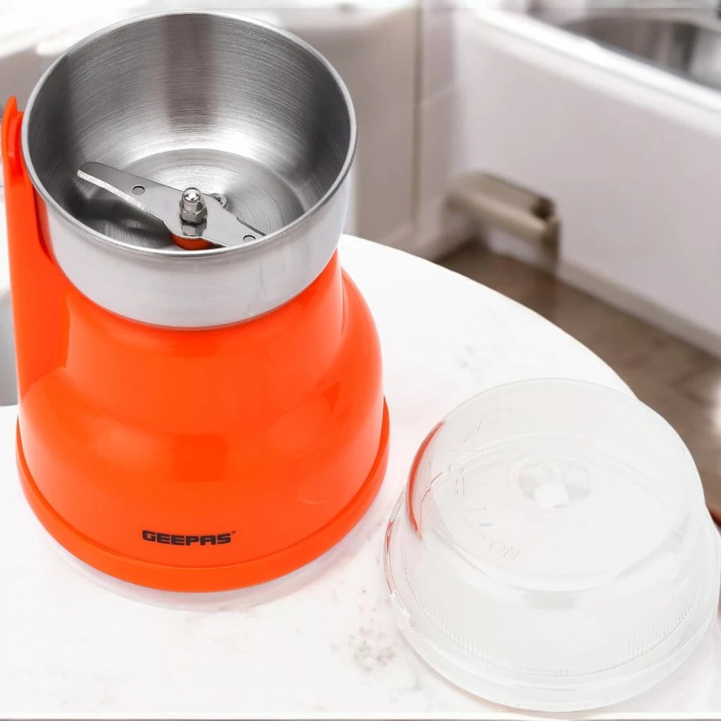 Geepas 150W Electric Coffee Grinder – Stainless Steel Blade & Removable Steel Cup, Overheat Protection, Multipurpose Grinder for Coffee Beans, Nuts, Spices & Dried Fruits – Orange - GCG41018 - Damoo