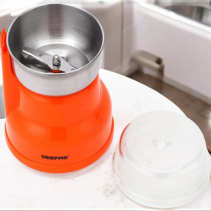 Geepas 150W Electric Coffee Grinder – Stainless Steel Blade & Removable Steel Cup, Overheat Protection, Multipurpose Grinder for Coffee Beans, Nuts, Spices & Dried Fruits – Orange - GCG41018 - Damoo