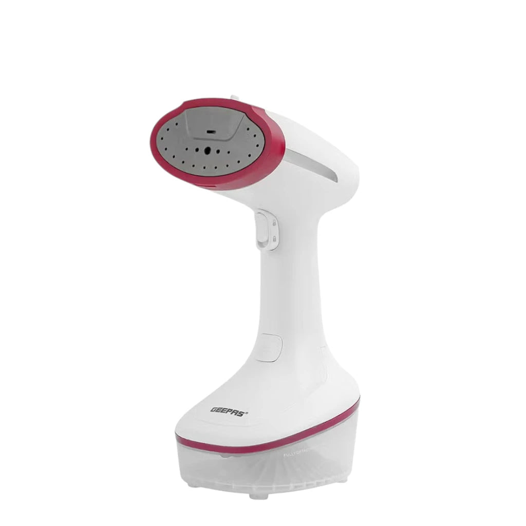 Geepas 1630W Handheld Garment Steamer  | Ceramic Head, Auto Shut-Off  | Fast Heating & Adjustable Steam  | Detachable Water Tank | White & Maroon – GGS25021 - Damoo