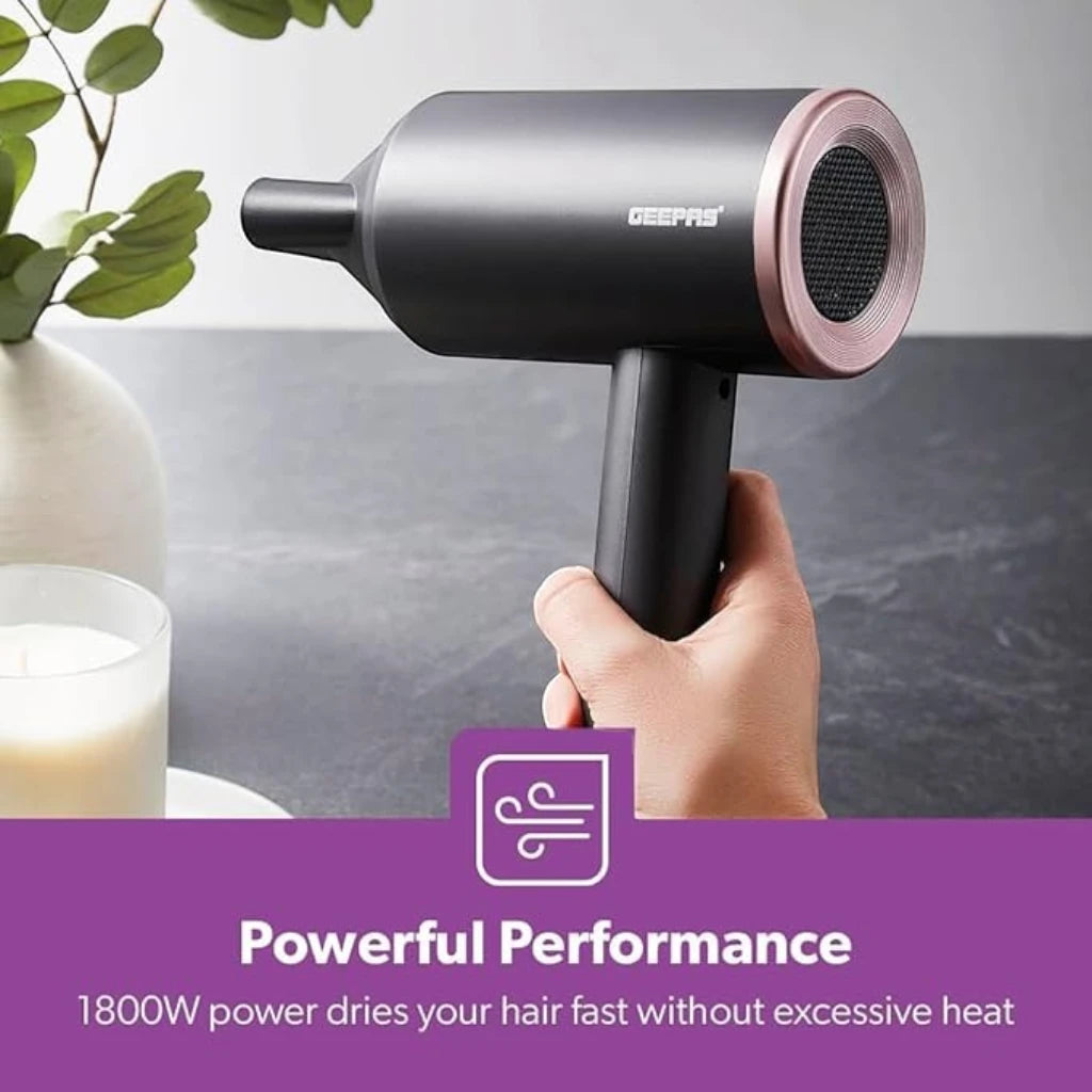 Geepas 1800W Hair Dryer with Cool Shot Function – Dual Speed & Heat Settings, Concentrator Nozzle, Lightweight & Travel-Friendly Design | GH86061 - Damoo