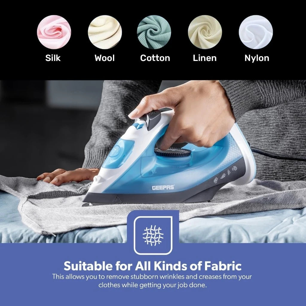 Geepas 1800W Multifunctional Steam Iron with Non-Stick Soleplate, 120ml Water Tank, Adjustable Temperature Control, Vertical Steam, Burst & Spray Function – GSI7783N - Damoo