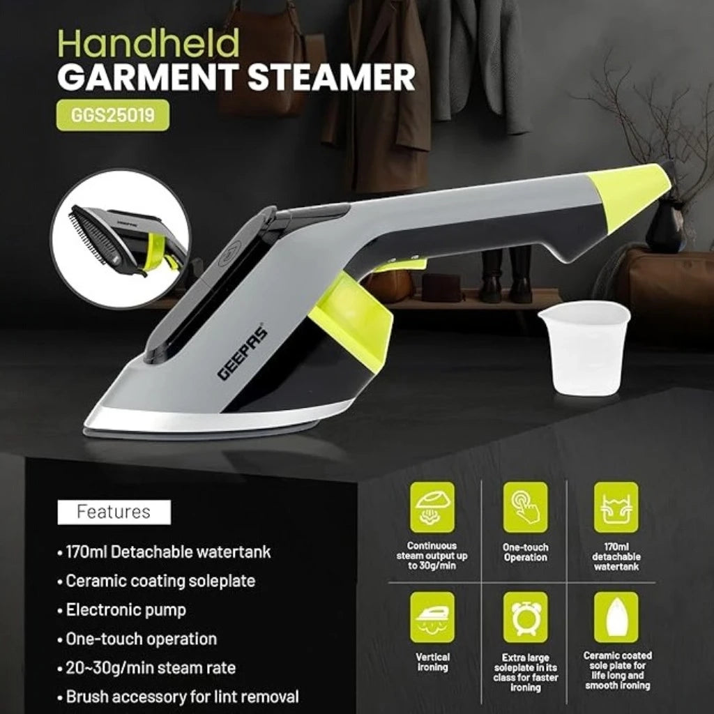 Geepas 1950W Handheld Garment Steamer – Ceramic-Coated Soleplate, 170ml Water Tank, One-Touch Operation, Brush Accessory, Safe for All Fabrics – GGS25019 - Damoo