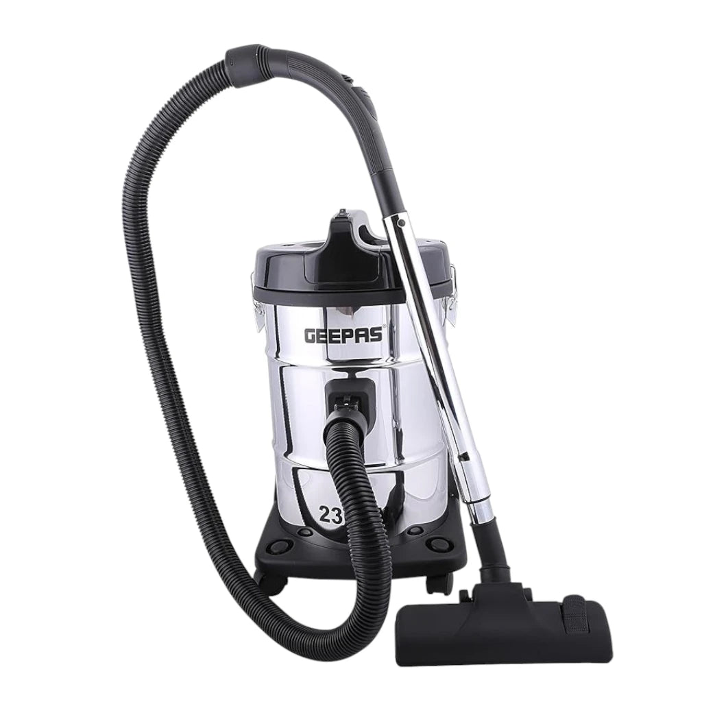 Geepas 2-in-1 Blow & Dry Vacuum Cleaner – 2300W High-Power Copper Motor, 23L Stainless Steel Tank, Dust Full Indicator, Multi-Surface Cleaning, Lightweight – GVC2597 – Silver/Black - Damoo