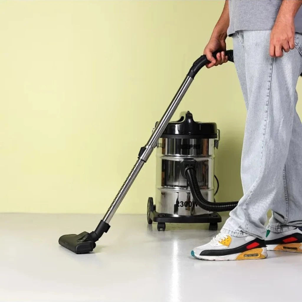 Geepas 2-in-1 Blow & Dry Vacuum Cleaner – 2300W High-Power Copper Motor, 23L Stainless Steel Tank, Dust Full Indicator, Multi-Surface Cleaning, Lightweight – GVC2597 – Silver/Black - Damoo