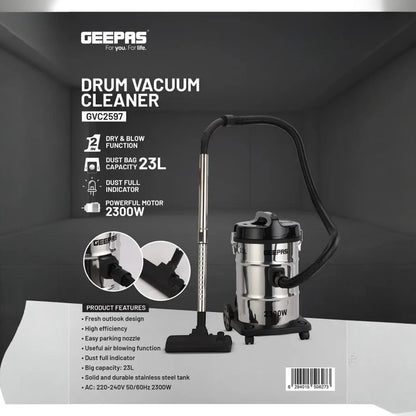 Geepas 2-in-1 Blow & Dry Vacuum Cleaner – 2300W High-Power Copper Motor, 23L Stainless Steel Tank, Dust Full Indicator, Multi-Surface Cleaning, Lightweight – GVC2597 – Silver/Black - Damoo