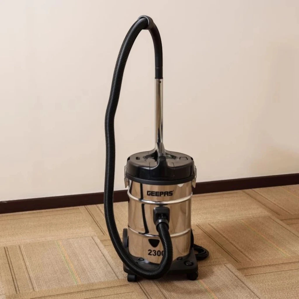 Geepas 2-in-1 Blow & Dry Vacuum Cleaner – 2300W High-Power Copper Motor, 23L Stainless Steel Tank, Dust Full Indicator, Multi-Surface Cleaning, Lightweight – GVC2597 – Silver/Black - Damoo