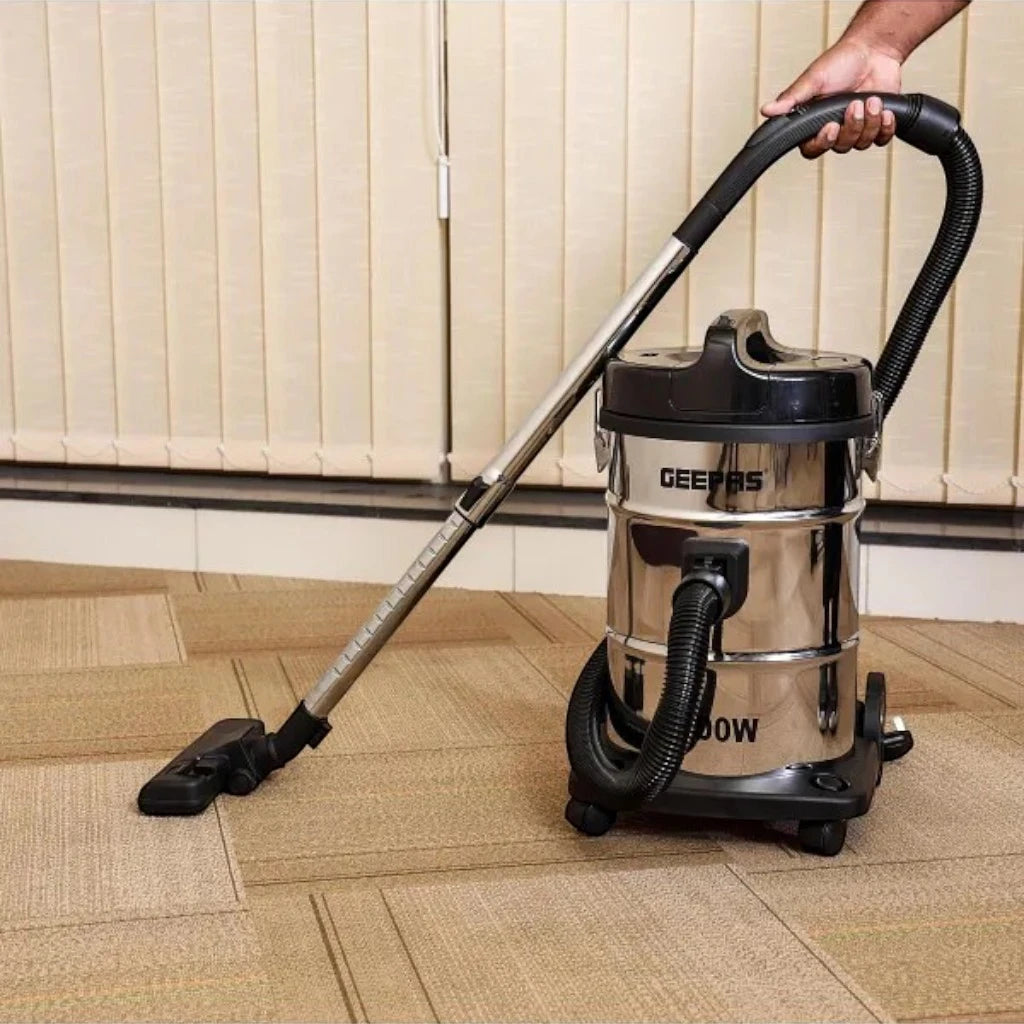 Geepas 2-in-1 Blow & Dry Vacuum Cleaner – 2300W High-Power Copper Motor, 23L Stainless Steel Tank, Dust Full Indicator, Multi-Surface Cleaning, Lightweight – GVC2597 – Silver/Black - Damoo