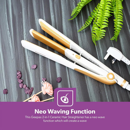 Geepas 2-in-1 Ceramic Hair Straightener & Curler – Neo Wave Technology, Adjustable Temperature, 360° Swivel Cord – For Straight, Wavy & Curly Hair – Ideal for All Hair Types - Damoo