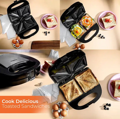 Geepas 2-Slice Sandwich Maker Grill with Non-Stick Plates, Cool Touch Handle & Automatic Temperature Control – 750W, Compact Design, Indicator Light, Easy to Clean – GSM6002 (Black, Silver) - Damoo
