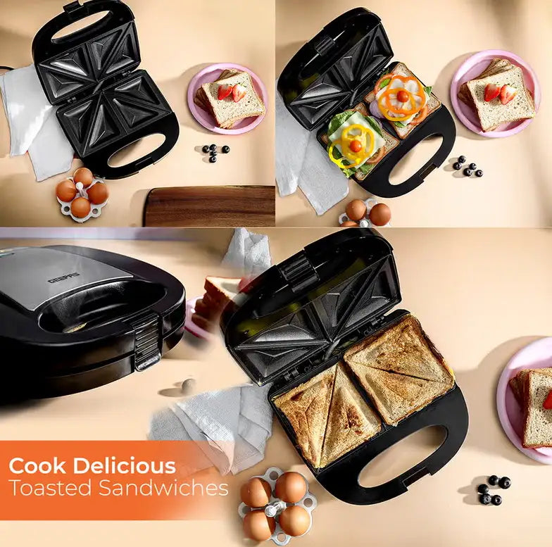 Geepas 2-Slice Sandwich Maker Grill with Non-Stick Plates, Cool Touch Handle & Automatic Temperature Control – 750W, Compact Design, Indicator Light, Easy to Clean – GSM6002 (Black, Silver) - Damoo
