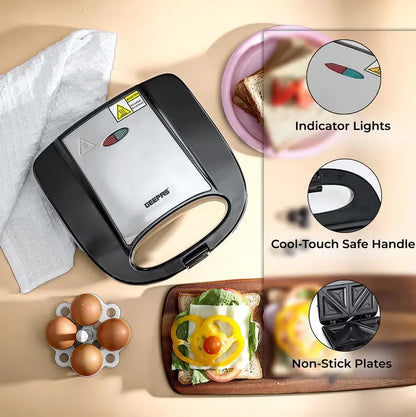 Geepas 2-Slice Sandwich Maker Grill with Non-Stick Plates, Cool Touch Handle & Automatic Temperature Control – 750W, Compact Design, Indicator Light, Easy to Clean – GSM6002 (Black, Silver) - Damoo