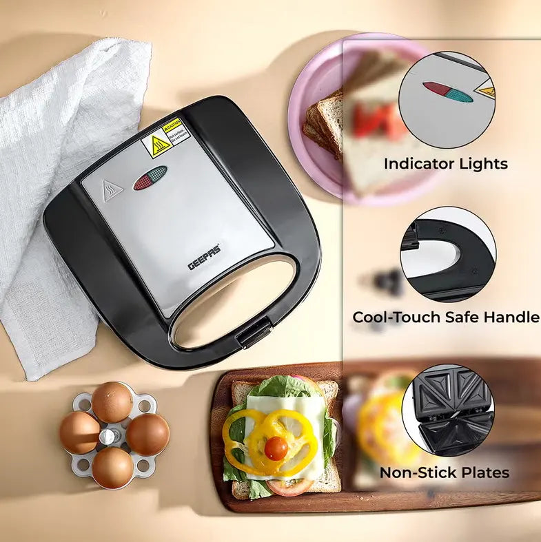 Geepas 2-Slice Sandwich Maker Grill with Non-Stick Plates, Cool Touch Handle & Automatic Temperature Control – 750W, Compact Design, Indicator Light, Easy to Clean – GSM6002 (Black, Silver) - Damoo