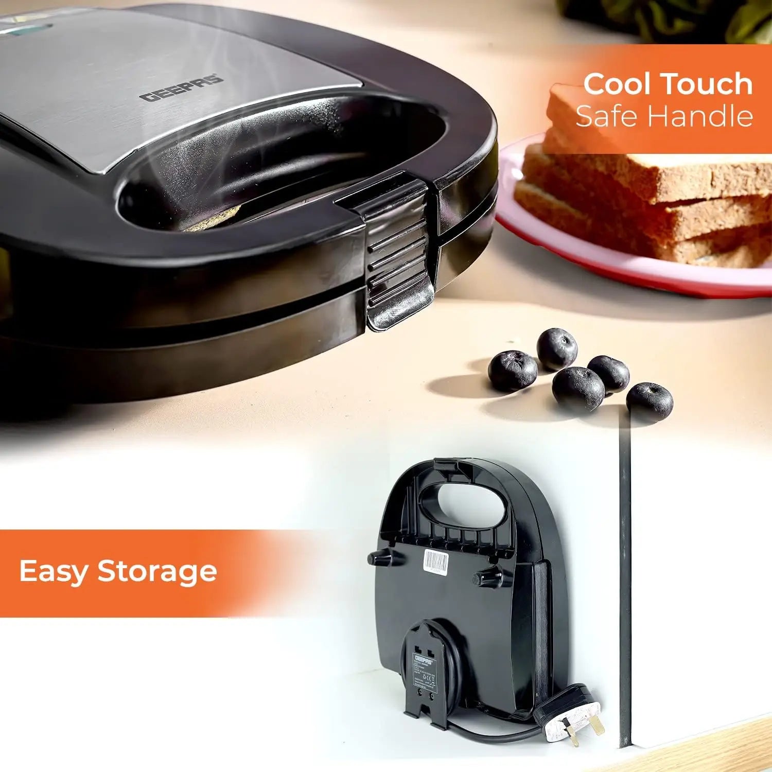 Geepas 2-Slice Sandwich Maker Grill with Non-Stick Plates, Cool Touch Handle & Automatic Temperature Control – 750W, Compact Design, Indicator Light, Easy to Clean – GSM6002 (Black, Silver) - Damoo