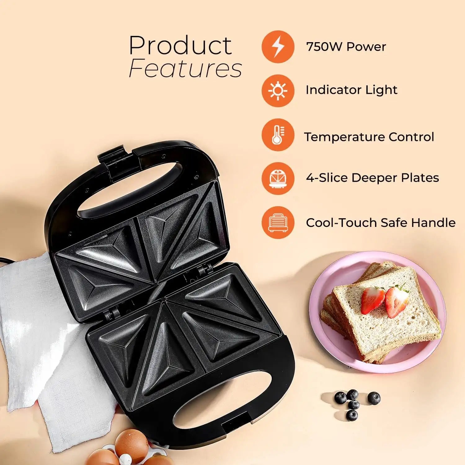 Geepas 2-Slice Sandwich Maker Grill with Non-Stick Plates, Cool Touch Handle & Automatic Temperature Control – 750W, Compact Design, Indicator Light, Easy to Clean – GSM6002 (Black, Silver) - Damoo