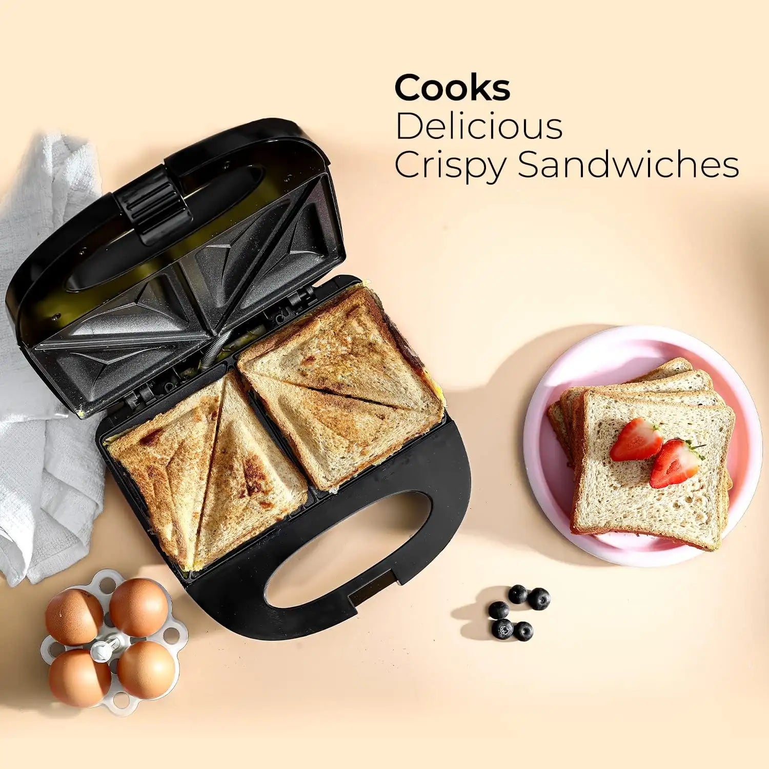 Geepas 2-Slice Sandwich Maker Grill with Non-Stick Plates, Cool Touch Handle & Automatic Temperature Control – 750W, Compact Design, Indicator Light, Easy to Clean – GSM6002 (Black, Silver) - Damoo