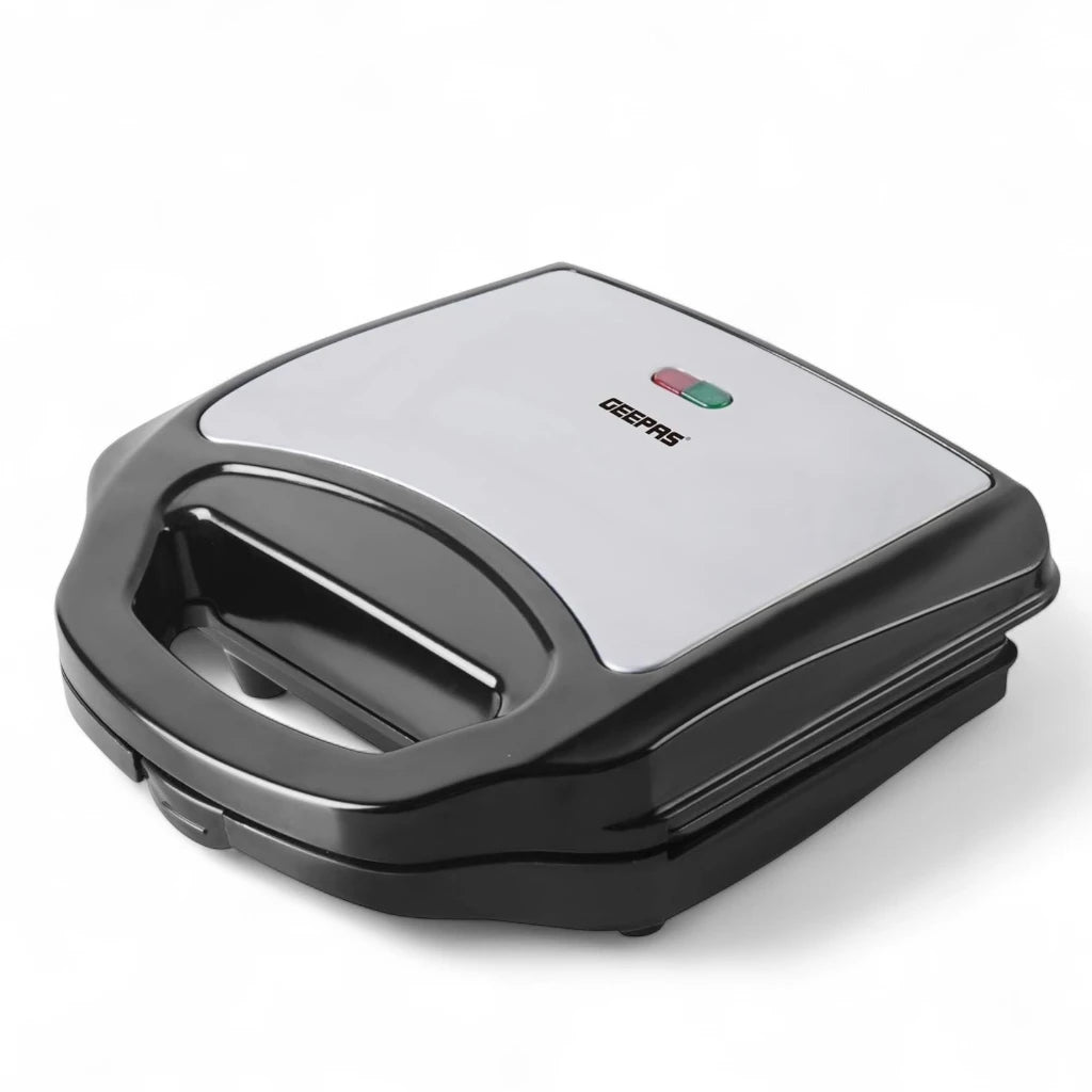 Geepas 2-Slice Sandwich Maker Grill with Non-Stick Plates, Cool Touch Handle & Automatic Temperature Control – 750W, Compact Design, Indicator Light, Easy to Clean – GSM6002 (Black, Silver) - Damoo
