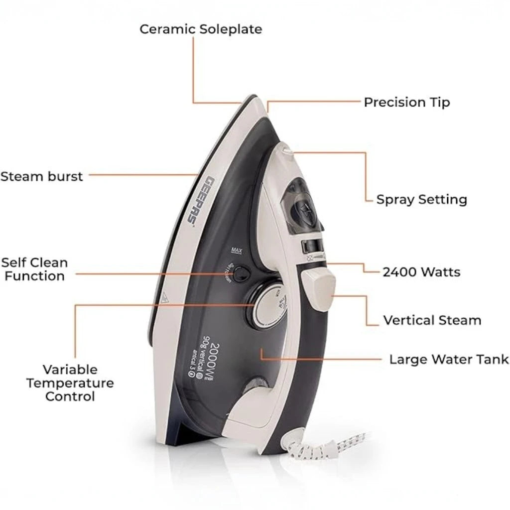 Geepas 2000W Ceramic Steam Iron – Temperature Control, Vertical Steam, Auto Shutoff, Self Cleaning, Wet & Dry Ironing - GSI7788 - Damoo