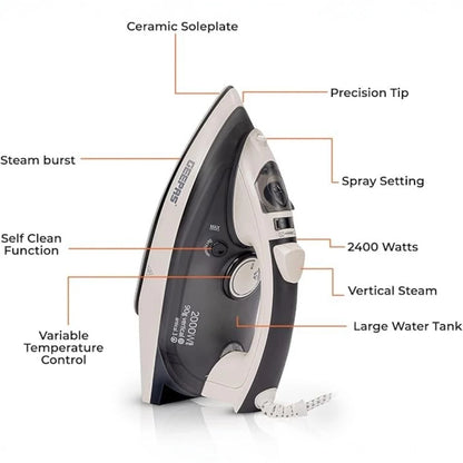 Geepas 2000W Ceramic Steam Iron – Temperature Control, Vertical Steam, Auto Shutoff, Self Cleaning, Wet & Dry Ironing - GSI7788 - Damoo