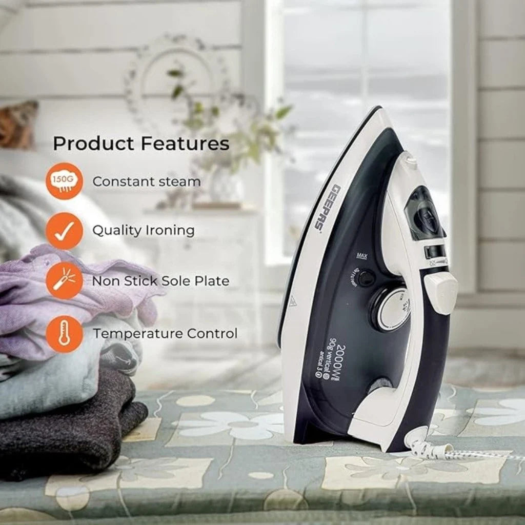 Geepas 2000W Ceramic Steam Iron – Temperature Control, Vertical Steam, Auto Shutoff, Self Cleaning, Wet & Dry Ironing - GSI7788 - Damoo