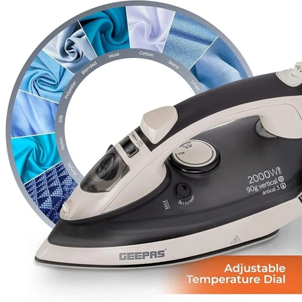 Geepas 2000W Ceramic Steam Iron – Temperature Control, Vertical Steam, Auto Shutoff, Self Cleaning, Wet & Dry Ironing - GSI7788 - Damoo
