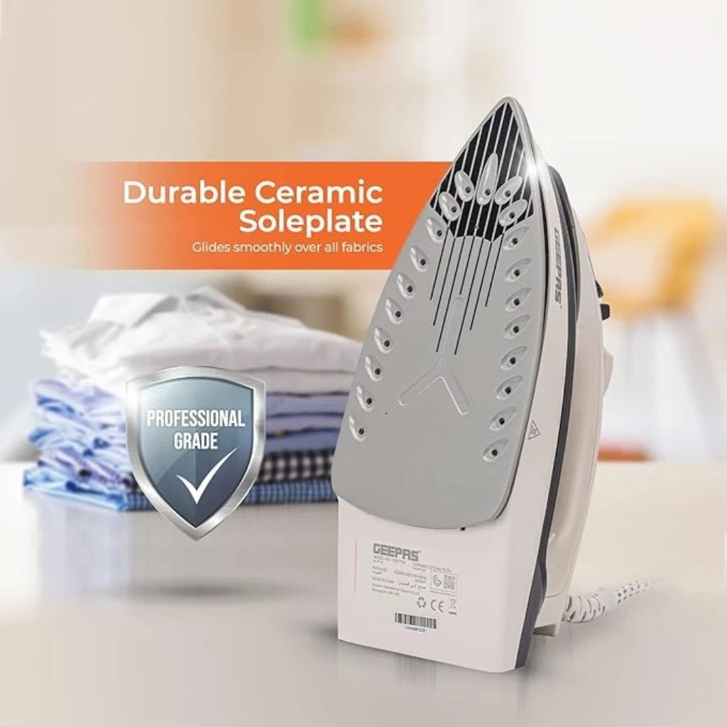 Geepas 2000W Ceramic Steam Iron – Temperature Control, Vertical Steam, Auto Shutoff, Self Cleaning, Wet & Dry Ironing - GSI7788 - Damoo