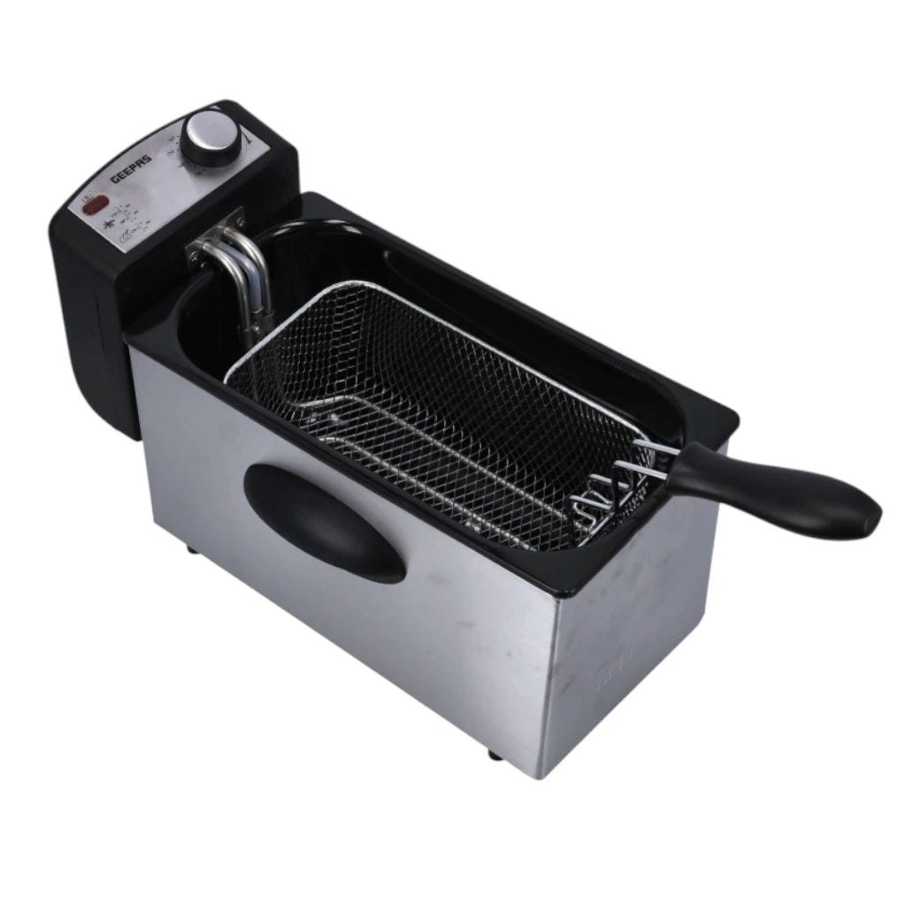 Geepas 2000W Deep Fryer with 3L Oil Capacity, Dual Baskets, Adjustable Temperature & Timer – Overheat Protection, Stainless Steel – Silver/Black - GDF36015 - Damoo