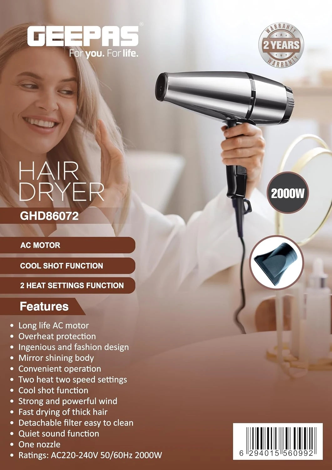 Geepas 2000W Professional Hair Dryer – 2 Heat & Speed Settings, Cool Shot, Nozzle Attachment, Overheat Protection, Mirror Silver Finish – GHD86072 - Damoo