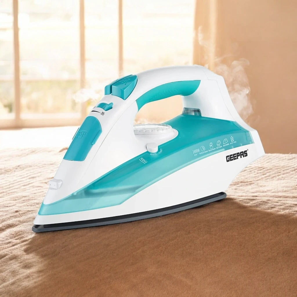 Geepas 2400W Cord and Cordless Steam Iron – Ceramic Soleplate, Adjustable Temperature Control, Self-Cleaning Function, Vertical and Burst Steam, Dry Ironing, Lightweight – GSI24015 - Damoo