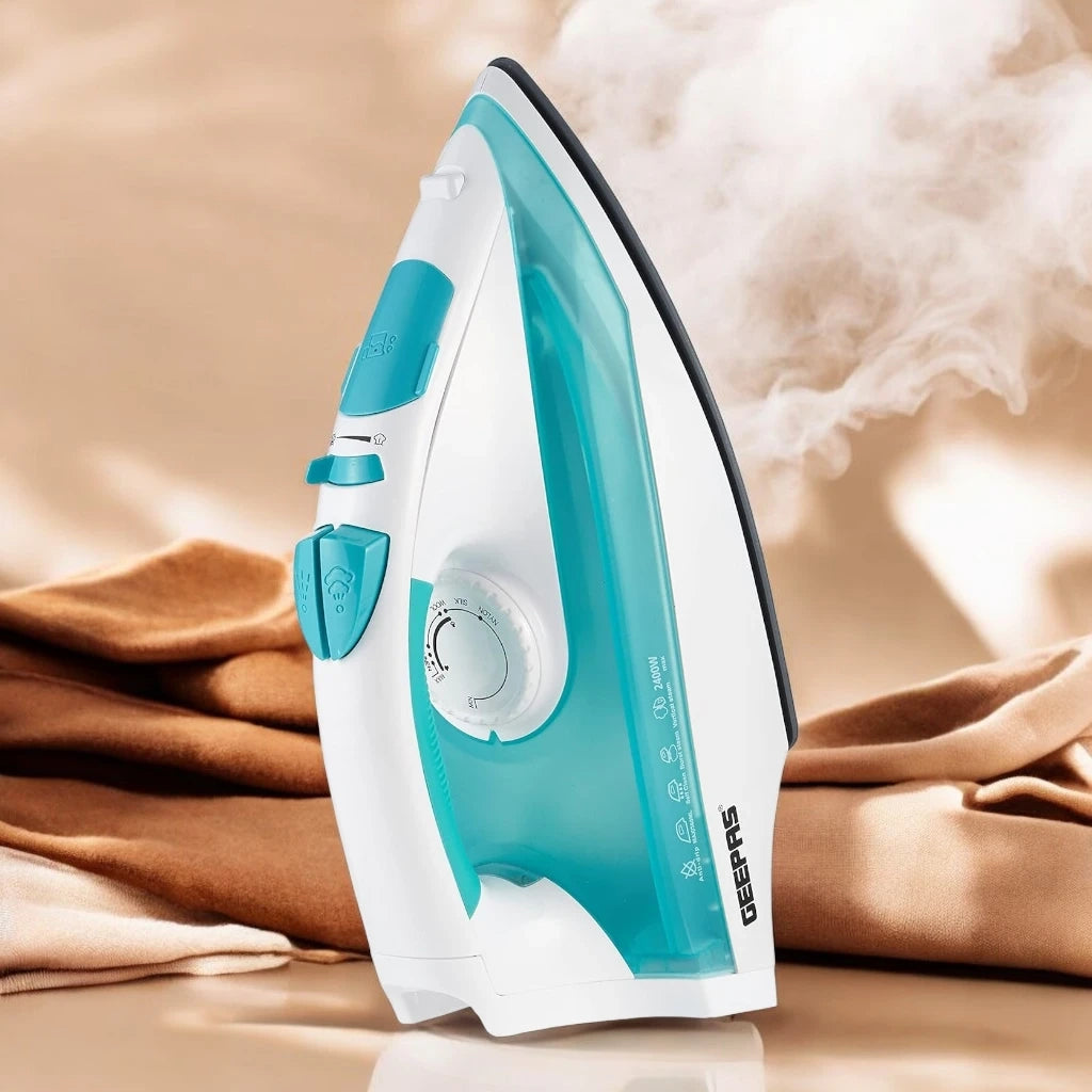 Geepas 2400W Cord and Cordless Steam Iron – Ceramic Soleplate, Adjustable Temperature Control, Self-Cleaning Function, Vertical and Burst Steam, Dry Ironing, Lightweight – GSI24015 - Damoo