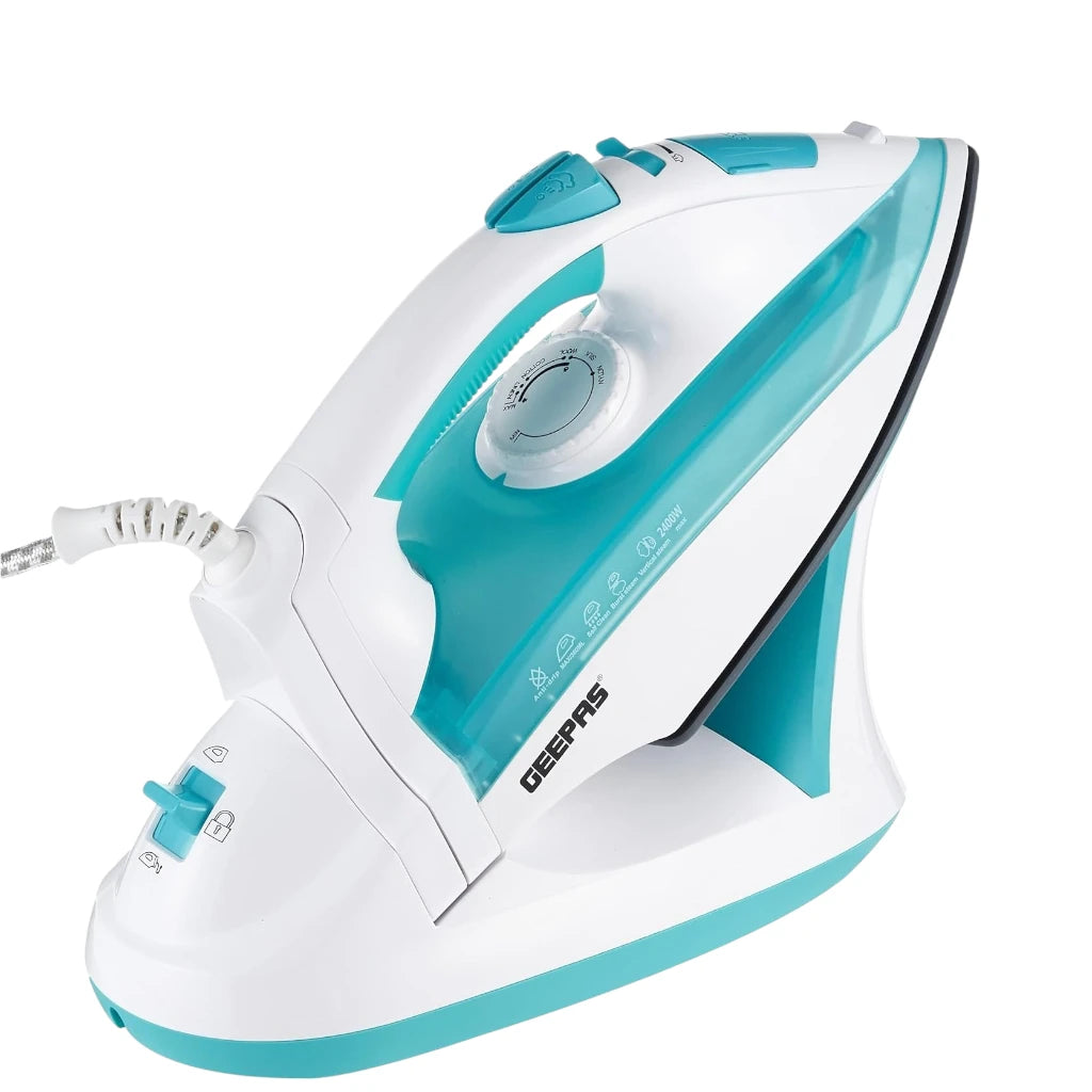 Geepas 2400W Cord and Cordless Steam Iron – Ceramic Soleplate, Adjustable Temperature Control, Self-Cleaning Function, Vertical and Burst Steam, Dry Ironing, Lightweight – GSI24015 - Damoo