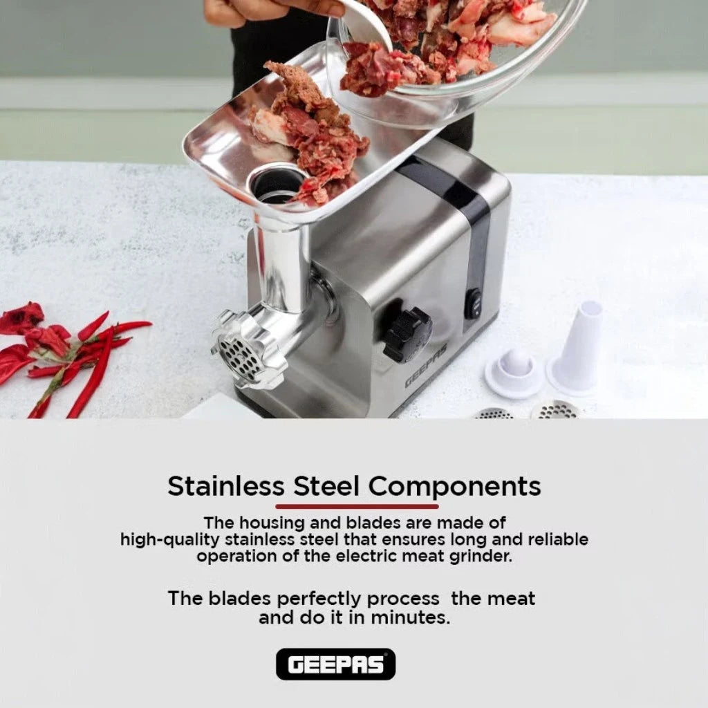 Geepas 2500W Stainless Steel Electric Meat Grinder – Reverse Function, 3 Cutting Plates (3mm/5mm/7mm), Sausage & Kubbe Attachments, Metal Gears – Heavy Duty Meat Mincer - GMG42506 - Damoo