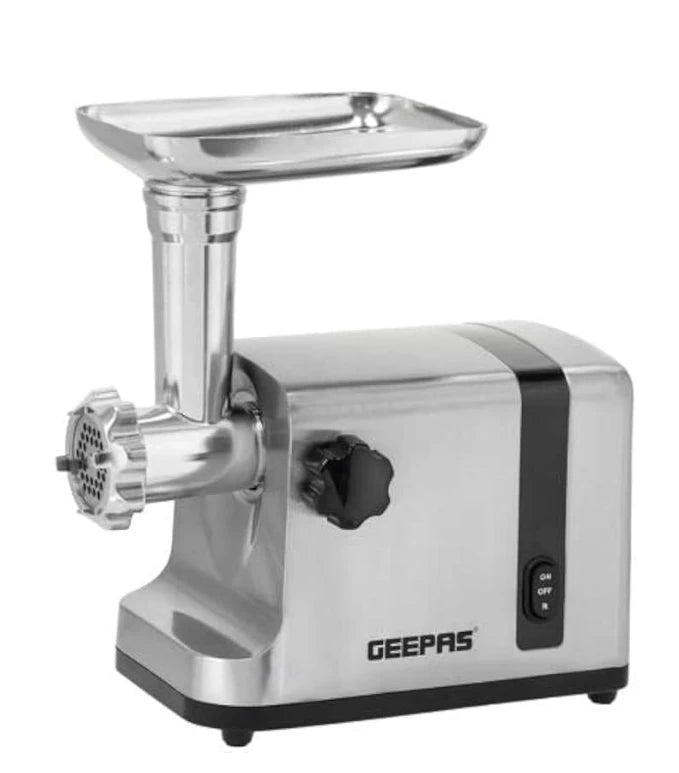 Geepas 2500W Stainless Steel Electric Meat Grinder – Reverse Function, 3 Cutting Plates (3mm/5mm/7mm), Sausage & Kubbe Attachments, Metal Gears – Heavy Duty Meat Mincer - GMG42506 - Damoo