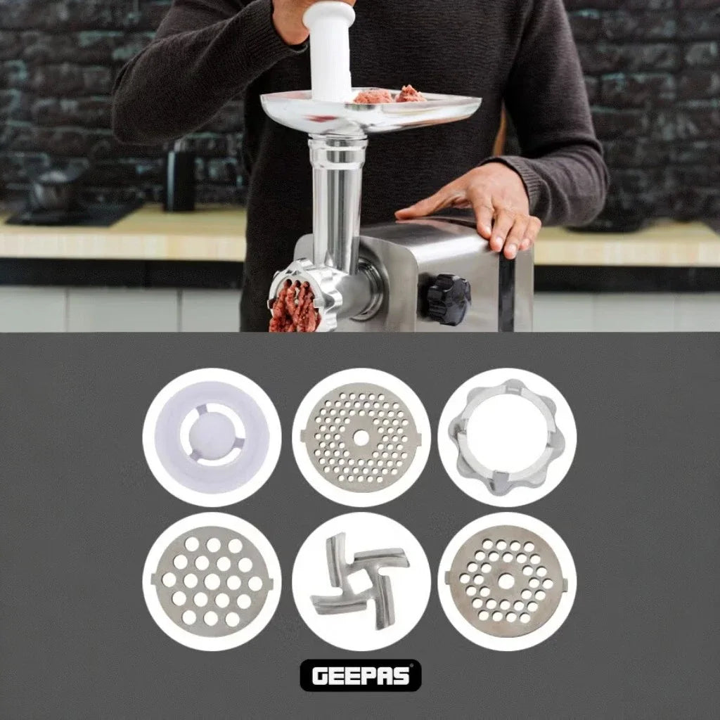 Geepas 2500W Stainless Steel Electric Meat Grinder – Reverse Function, 3 Cutting Plates (3mm/5mm/7mm), Sausage & Kubbe Attachments, Metal Gears – Heavy Duty Meat Mincer - GMG42506 - Damoo