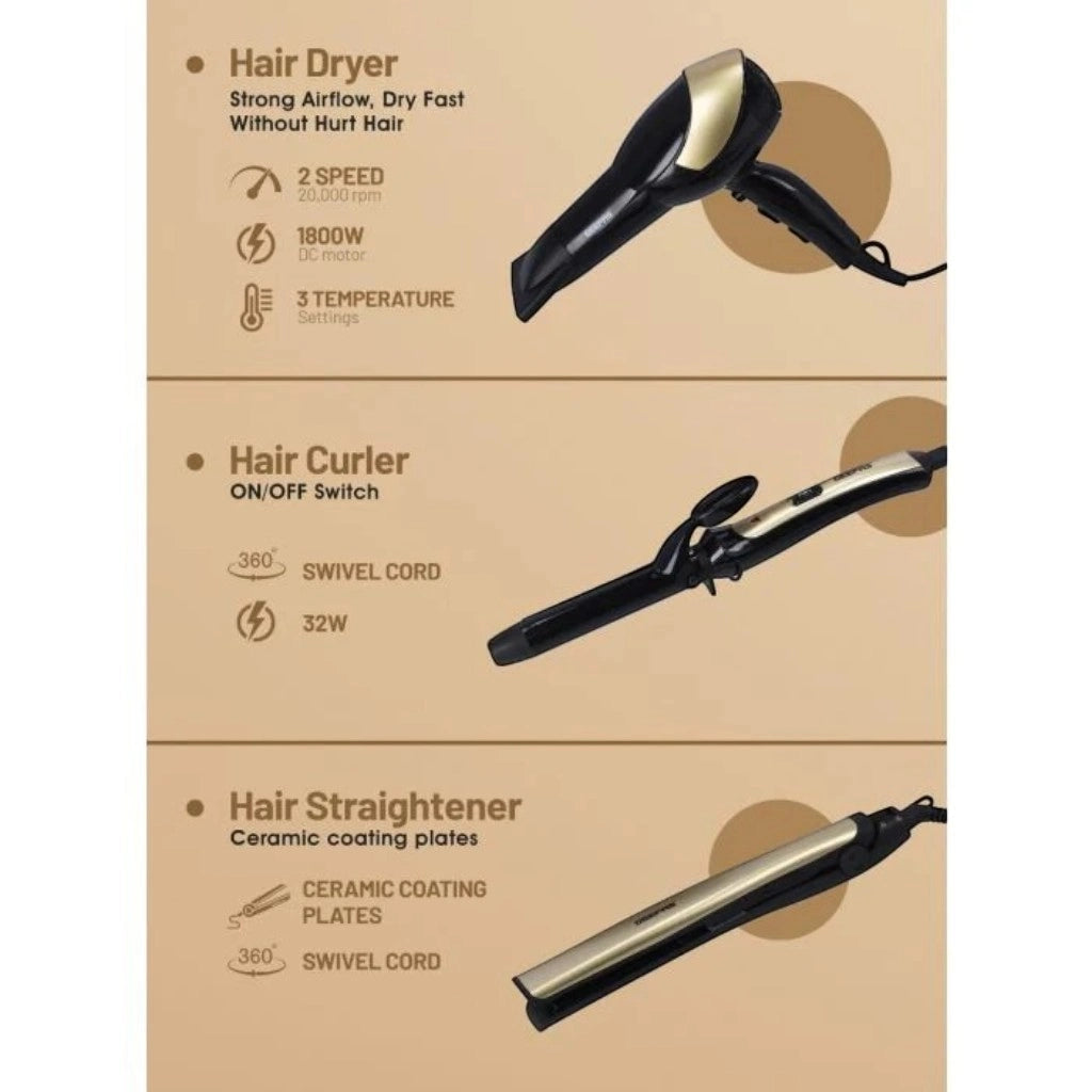 Geepas 3-in-1 Hair Styling Set – 2200W Hair Dryer, 28W Ceramic Straightener, 32W 25mm Hair Curler – 2 Speed, 3 Heat Settings, Cool Shot, Infrared Technology, Ideal for Short & Long Hair – GHF86055 - Damoo