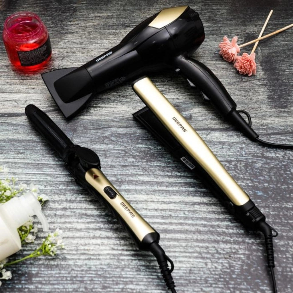Geepas 3-in-1 Hair Styling Set – 2200W Hair Dryer, 28W Ceramic Straightener, 32W 25mm Hair Curler – 2 Speed, 3 Heat Settings, Cool Shot, Infrared Technology, Ideal for Short & Long Hair – GHF86055 - Damoo