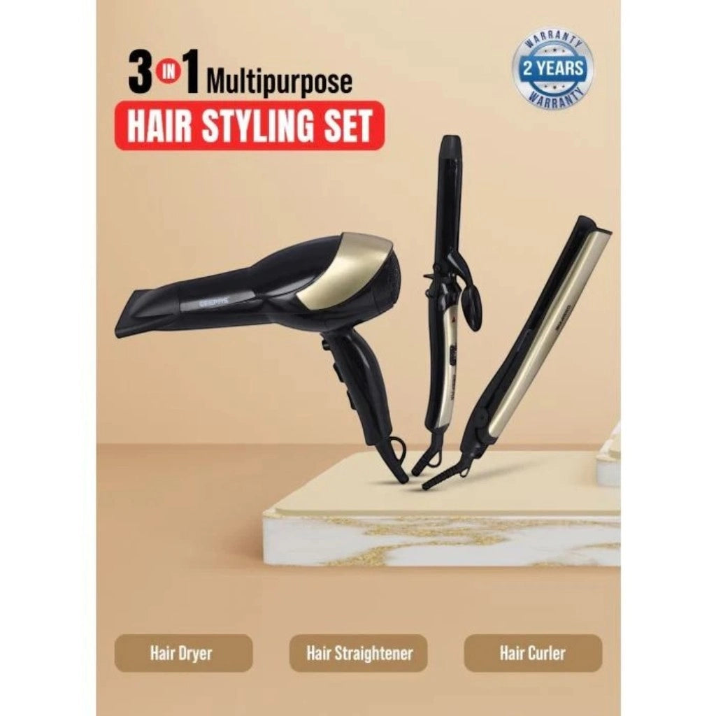 Geepas 3-in-1 Hair Styling Set – 2200W Hair Dryer, 28W Ceramic Straightener, 32W 25mm Hair Curler – 2 Speed, 3 Heat Settings, Cool Shot, Infrared Technology, Ideal for Short & Long Hair – GHF86055 - Damoo