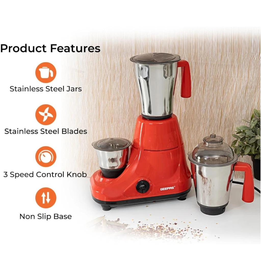 Geepas 3-in-1 Mixer Grinder – 750W Heavy-Duty Motor, 3 Stainless Steel Jars, 3-Speed Control, Safety Lock, Wet & Dry Grinding – Multicolour - Damoo