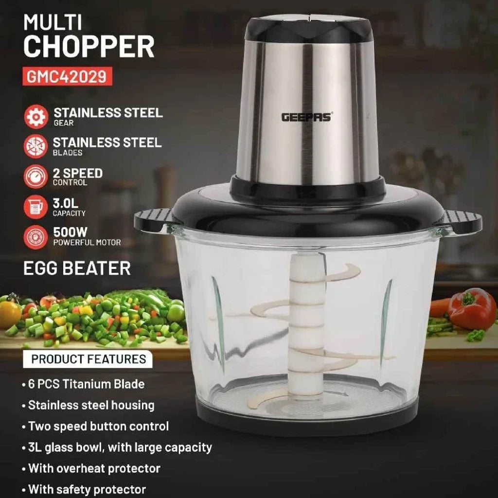 Geepas 3L Electric Multi Chopper – 500W Food Processor with 4 Stainless Steel Blades, 2 Speed Settings & Detachable Design – Chops Meat, Vegetables, Fruits – Black & Silver - Damoo