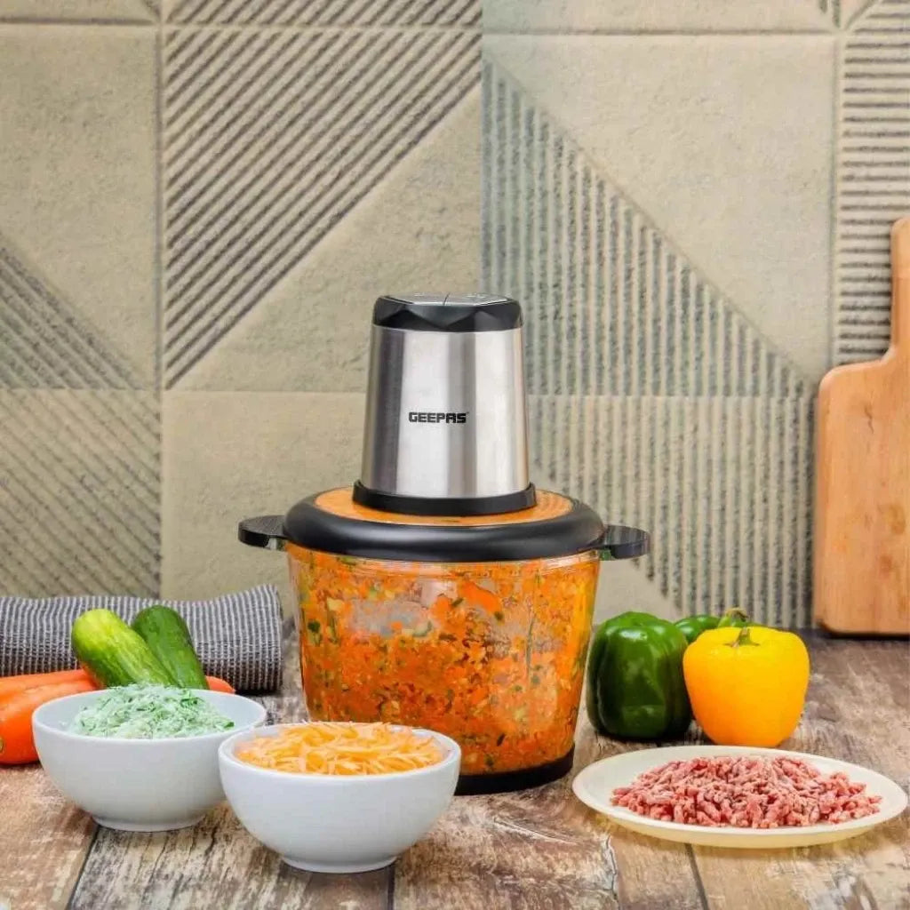 Geepas 3L Electric Multi Chopper – 500W Food Processor with 4 Stainless Steel Blades, 2 Speed Settings & Detachable Design – Chops Meat, Vegetables, Fruits – Black & Silver - Damoo