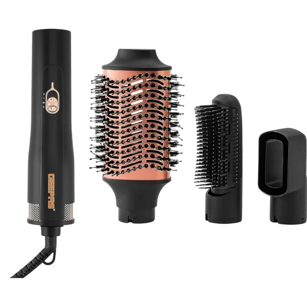 Geepas 4-in-1 Hair Styler with 3 Speed & Heat Settings – 1200W Salon-Grade Blow Dryer Brush with 3 Interchangeable Heads, 360° Swivel Cord & Hanging Loop – Curl, Volumize & Straighten - GH86067 - Damoo