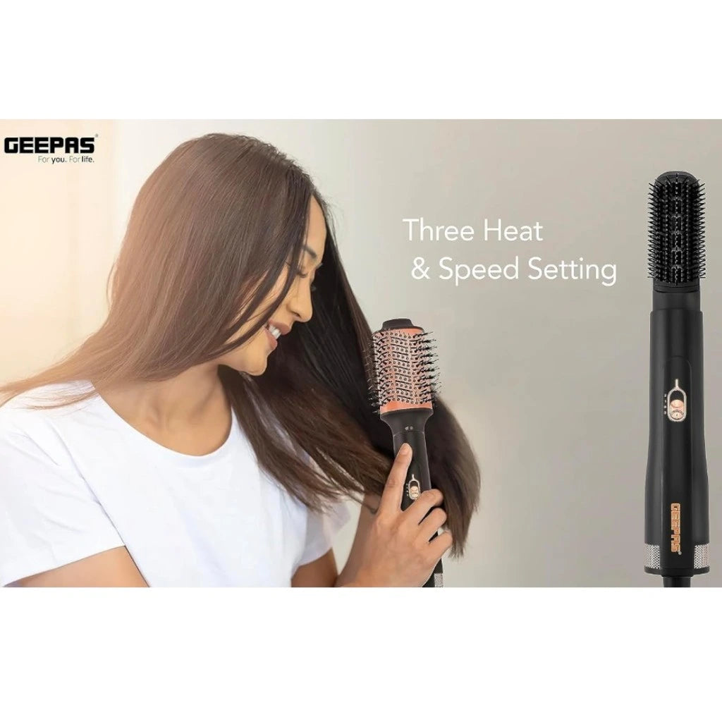Geepas 4-in-1 Hair Styler with 3 Speed & Heat Settings – 1200W Salon-Grade Blow Dryer Brush with 3 Interchangeable Heads, 360° Swivel Cord & Hanging Loop – Curl, Volumize & Straighten - GH86067 - Damoo
